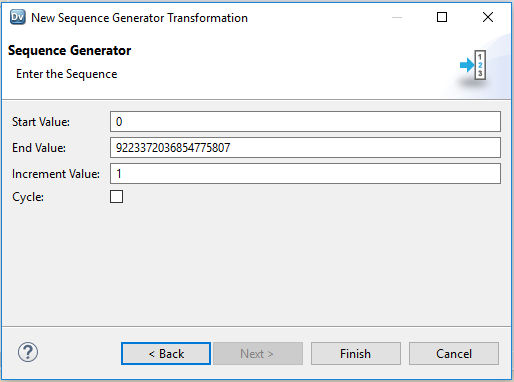 This screenshot shows the Sequence properties that you can configure: Start Value, End Value, Increment Value, and an option for Cycle. The default Start Value is 0. The default End Value is 9,223,372,036,854,775,807. The default Increment Value is 1.