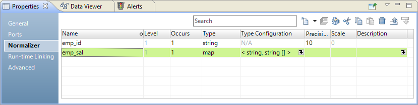 The Normalizer view shows a string field emp_id and a map field emp_sal. The value of Occurs for the string and map fields is 1.