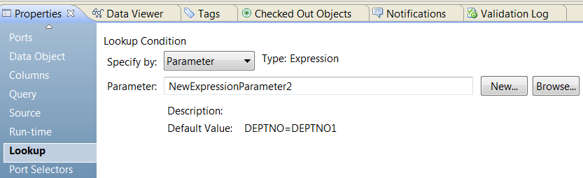 The Lookup tab has the Specify by Parameter option selected. A parameter is selected called NewExpressionParameter2. The default value is CustomerID_IN = C_CUSTKEY.