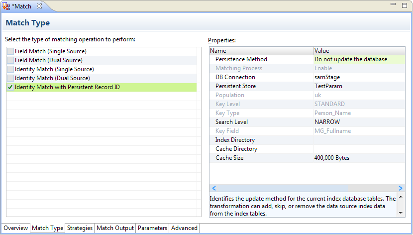 The Match Type view contains options to specify single source or dual source match analysis and to specify field or identity analysis. You can also select options for persistent index data storage on the Match Type view.