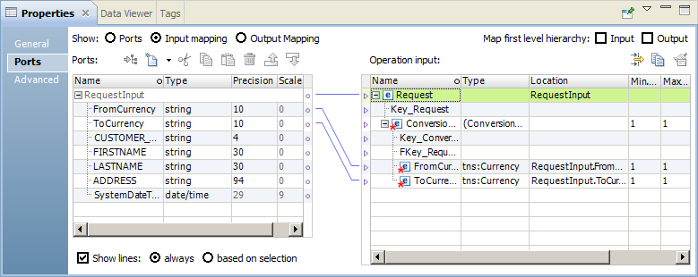 The Ports tab in the Properties view shows the input mapping. The Ports area on the left displays the transformation input ports. The Operation input area on the right displays the nodes that are mapped to input ports.