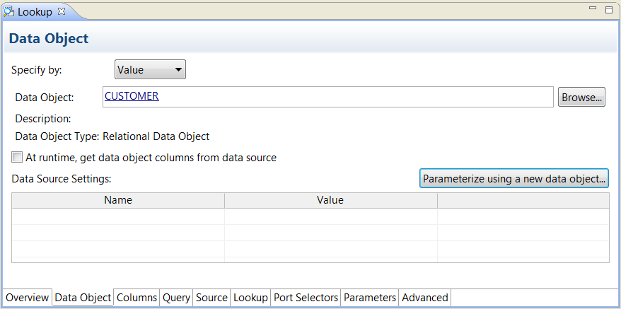 The data object tab by Value dialog box includes a button that says Parameterize by Using A New Data Object. At the bottom of the dialog box is a grid which shows the parameter names and values after you configure them.