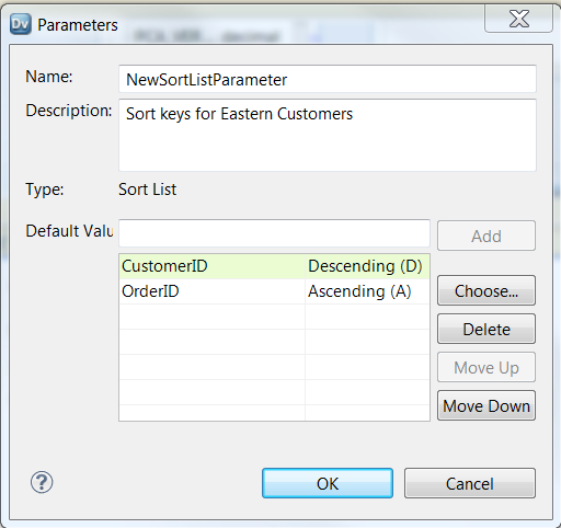 The Parameters dialog box shows a parameter name and description. The parameter type is sort list. The CustomerID and OrderID port names appear as selected. CustomerID is descending sort, OrderID is ascending sort.