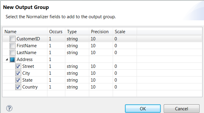 The New Output Group disalog box shows all the fields in the Input Hierarchy with checkboxes next to each field name. The Address record name is highlighted. The fields in the Address are indented below the Address and they are selected by default.