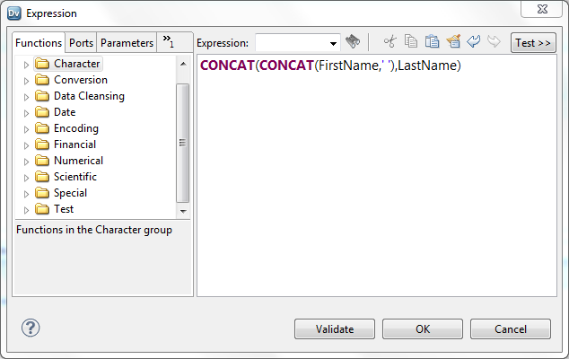 The figure shows the Functions tab, Ports tabs, and Expression area. You can enter an expression in the Expression area. While entering the expression, you can drag a function from the Functions tab or a port from the Ports tab to the Expression area.