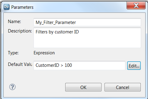 The Parameters tab has the following properties: Name, Description, Default Value, and an Edit button to edit the default value.