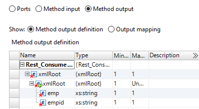The method output definition shows xmlRoot as the child element of the xmlRoot element.