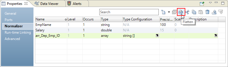 The Normalizer view shows a field EmpName of type string, Salary of type double, and arr_Dep_Emp_ID of type array with string elements. The Flatten button appears on the right top of the Normalizer view.