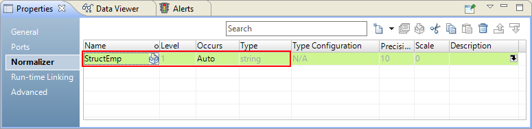 On the Properties tab of the Normalizer transformation, the Normalizer view shows the struct field StructEmp that is flattened. A flatten icon is displayed next to the flattened field. The value of Occurs for the flattened field is Auto.