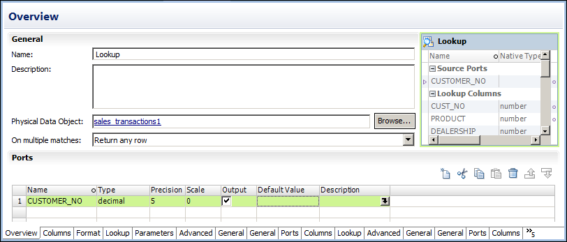 The Overview view shows general information, such as the Lookup transformation name, description, and physical data object, and the ports included in the Lookup transformation.