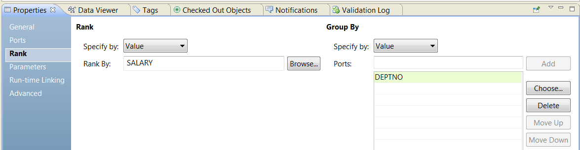 The Rank tab has a Rank area and a Group By area. In the Rank area the property contains the Salary. The Group By area allows multiple ports. Deptno is the selected port.