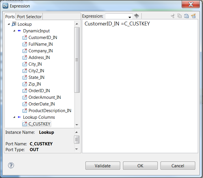 The Expression dialog box has ports and port selectors to choose from in the left panel. Configure the expression in the right panel.