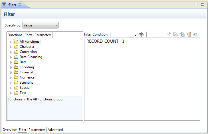 The Filter tab of the Properties view shows the Functions tab, Ports tab, and an area to create the filter condition.