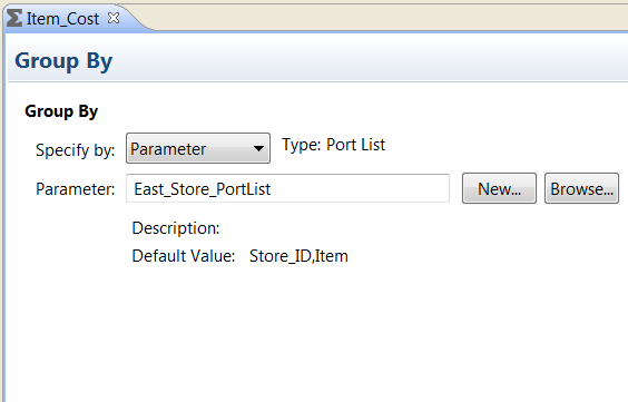 The Group By tab shows the Specify By Parameter properties. You can click New to create a parameter or click Browse to browse for and select a parameter. When you configure a parameter, the parameter name appears in a parameter name field.