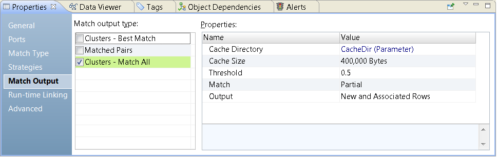 The Match Output view provides different output options, including options to organize the output records into clusters or matched pairs. The current transformation generates record clusters. You can also select options that determine how the Match transformation generates comparison data for the identity index data store.