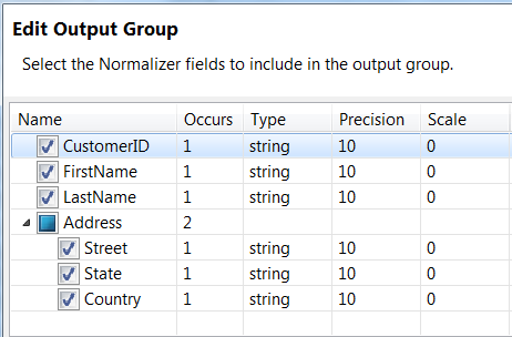 The Edit Output Group disalog box shows all of the fields from the Input Hierarchy selected.