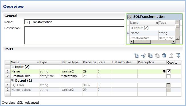 The Overview view shows the name, description, and ports of the SQL transformation. The Name pass-through port appears as the Name input port and the Name_output output port.