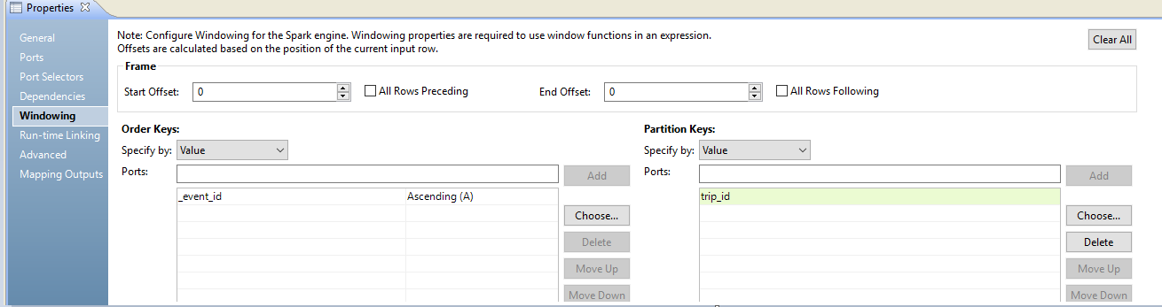 The Windowing tab shows three configuration sections. The frame section has a start offset and end offset selection box, with "All Rows Preceding" and "All Rows Following" checkboxes. You can specify the order keys and partition keys by value or parameter, and choose ports from the transformation. You can choose Ascending or Descending for the order key.