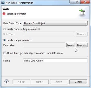 Select options to create a Write transformation in the New Write Transformation dialog box.
