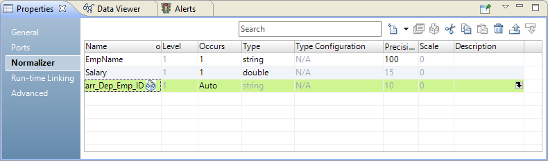 The Normalizer view shows a field EmpName of type string, Salary of type double, and arr_Dep_Emp_ID of type string. The arr_Dep_Emp_ID is the flattened field with a Flatten icon next to it and the value of Occurs is Auto.