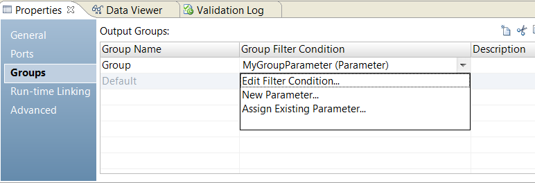 The Group Filter Condition on the Groups tab has the following options: Edit Filter Condtion, New Parameter, or Assign Existing Parameter.