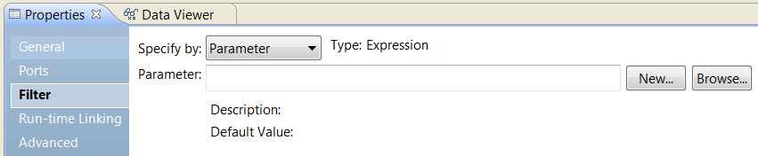 The Specify By Parameter properties include the New or Browse button, and the read-only parameter name, description, and default value.