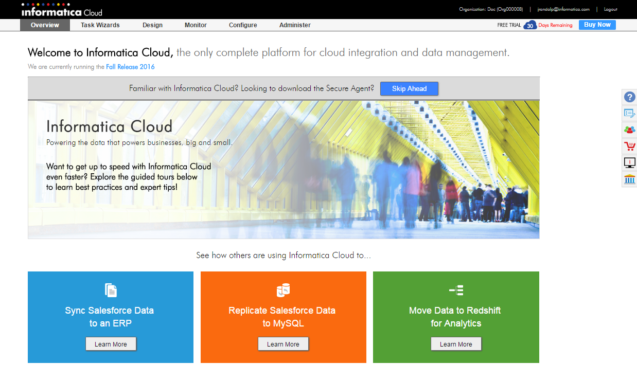 The Overview page provides examples of using Informatica Cloud to synchronize Salesforce data to an enterprise resource planning (ERP) system,replicate Salesforce data to MySQL, and move data to Amazon Redshift for analytics.