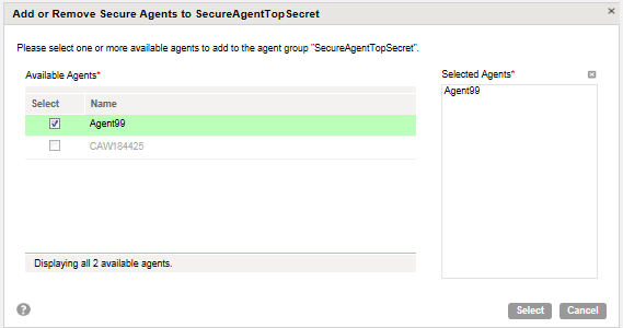 The Add or Remove Secure Agents dialog box displays a list of agents that are available for the Secure Agent group.