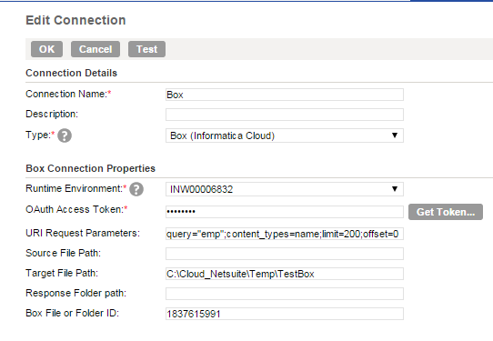 The image shows the Box connection properties