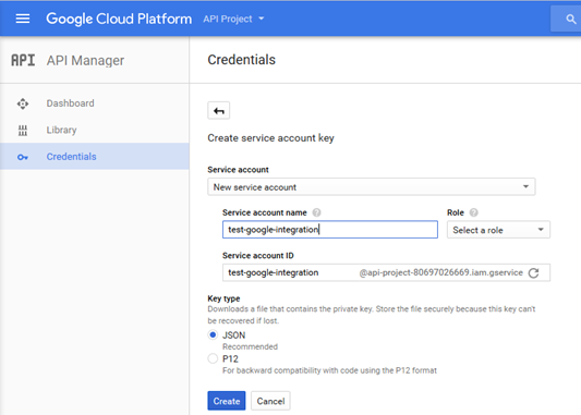 The image shows the Credentials page where you can create a service account and obtain a service account key.