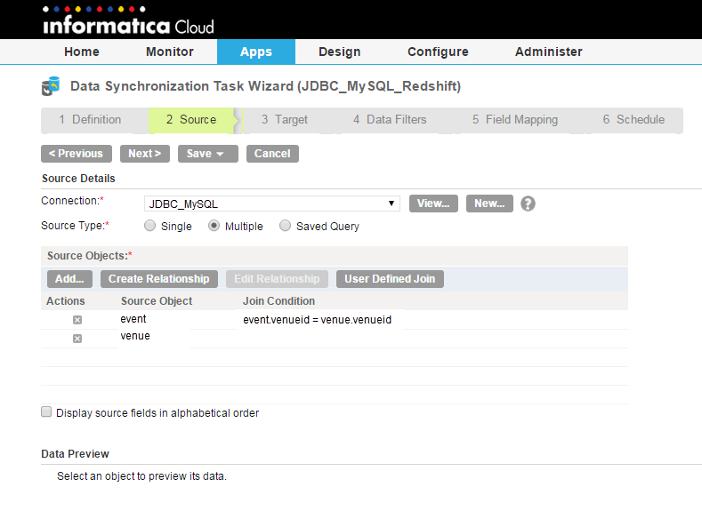 The Source step of the Data Synchronization task wizard shows that for the JDBC MySQL connection, two source objects, event and venue, have been added. The wizard displays the relationship path that has been defined in MySQL between the event and venue objects. The Source step of the Data Synchronization task wizard shows that for the JDBC MySQL connection, two source objects, event and venue, have been added. The wizard displays the relationship path that has been defined in MySQL between the event and venue objects.
