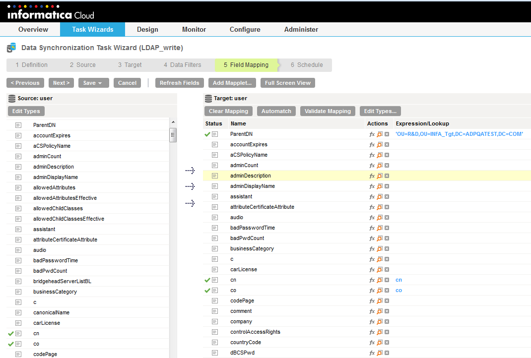 You can view the mapping of the user source object with the user target object.
