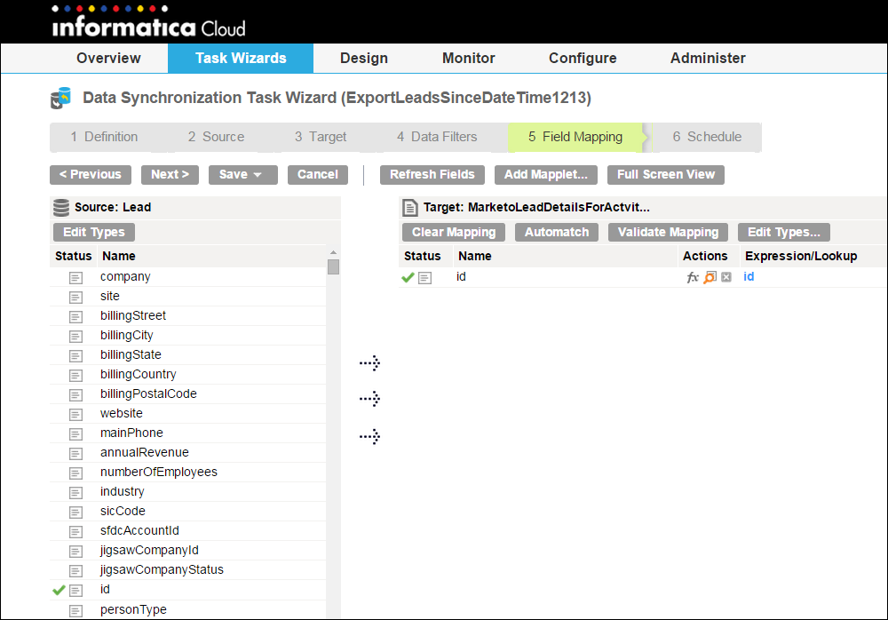 You can view the ID field mapped to the target ID field in the Field Mapping of the data synchronization task.