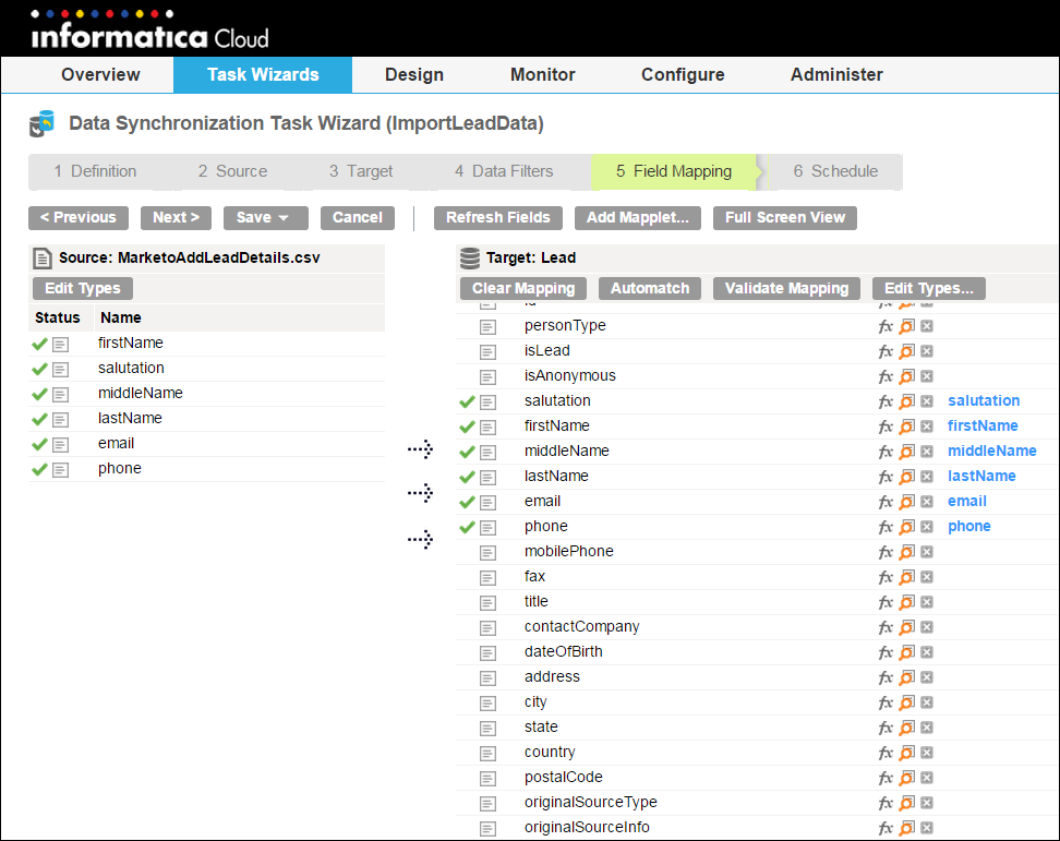 The mapping shows the firstName, salutation, middleName, lastName, email, and phone source fields mapped to corresponding fields of the target.