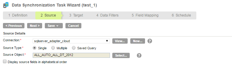 Source page for data synchronization task