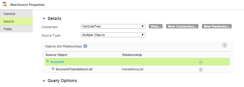 The Objects and Relationships section shows the primary object, Account, the child object, AccountTranslationList, and the relationship between the two objects, which is the translationsList.