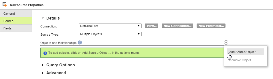 For a new source transformation, the Objects and Relationships section is blank. You select Add Source Object to select the primary source object and the child or sibling objects.
