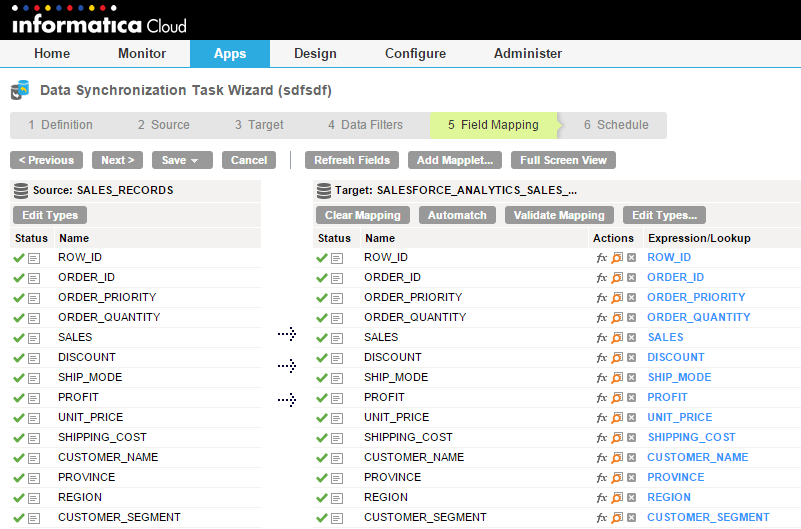 You can view the Row_Id, Order_Id, Order_Quantity, Order_Date, Unit_Price, Region, and Product_Catagory field in the sales_records source mapped to corresponding fields in the sales_records_new target in the Field Mappings page of the Data Synchronization Task Wizard.