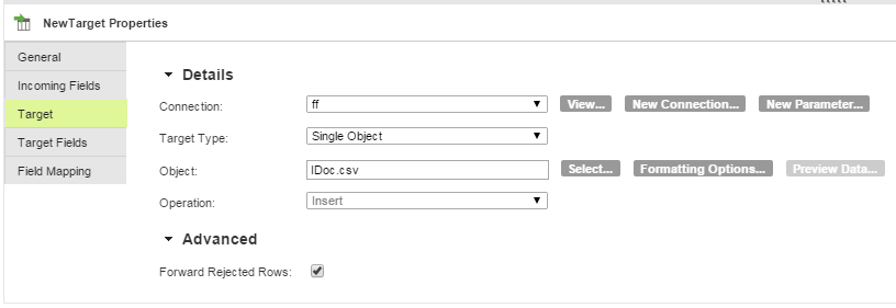 Specify the Target transformation details for the mapping