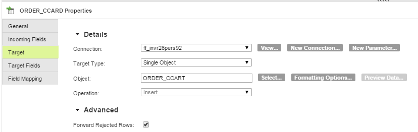 Specify the Target transformation details for the mapping