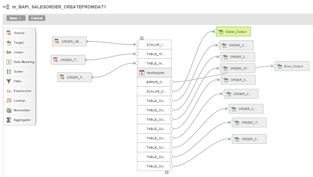 Mapping with the bapi_salesorder_createfromdat1 mapplet