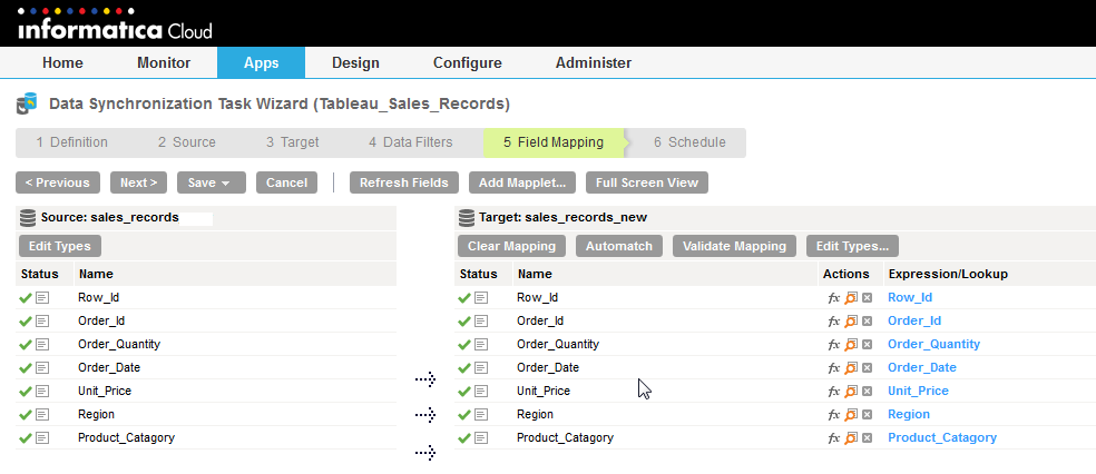 You can view the Row_Id, Order_Id, Order_Quantity, Order_Date, Unit_Price, Region, and Product_Catagory field in the sales_records source mapped to corresponding fields in the sales_records_new target in the Field Mappings page of the Data Synchronization Task Wizard.