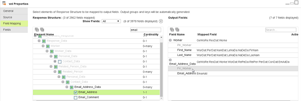 The Field Mapping tab shows the response structure on the left pane and the corresponding output fields and groups created in relational format on the right pane.