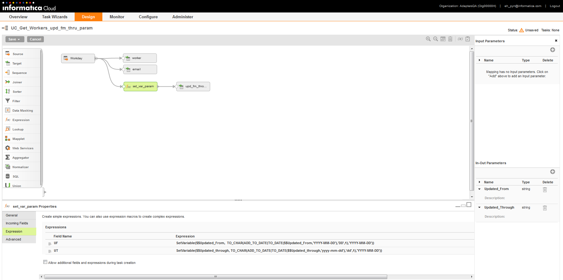 You can view a sample Expression transformation in a mapping which shows the parameterized values for $$Updated_through and Updated_From.