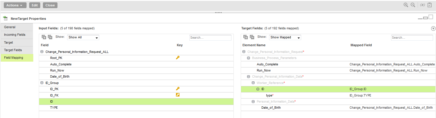 You can view the fields mapped between the input fields with the Workday target, where the ID element is mapped to the root element.