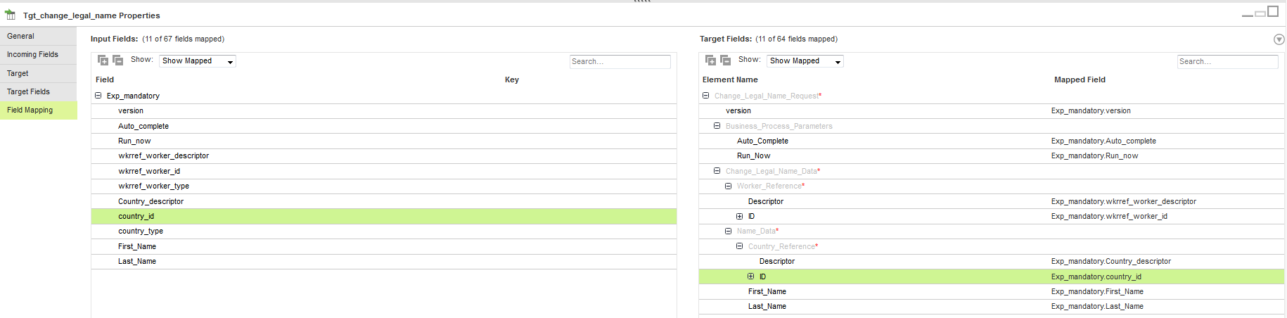 The Field Mapping tab shows the mapped input flat file fields with the Workday target fields.