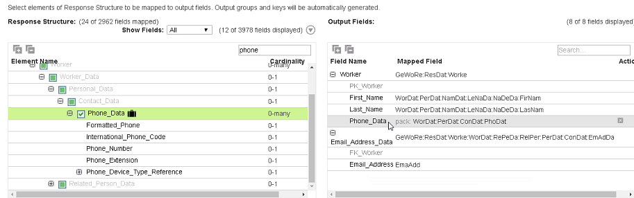 When you select the Phone_Data element on the left pane, the right pane shows that element and its descendants packed together.