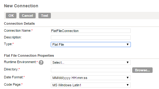 In the Connection Properties section, select the runtime environment, the location of the object, the date format, and the code page.