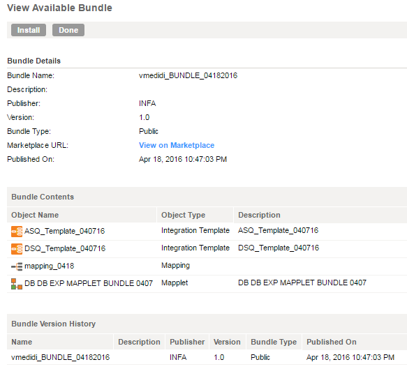 The image shows the View Available Bundle page where you can see the bundle details, contents, and history.