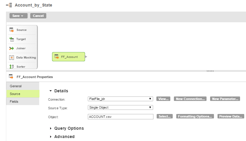 The FF_Account Source transformation is highlighted in the mapping canvas, which causes the FF_Account properties to display in the Properties panel.